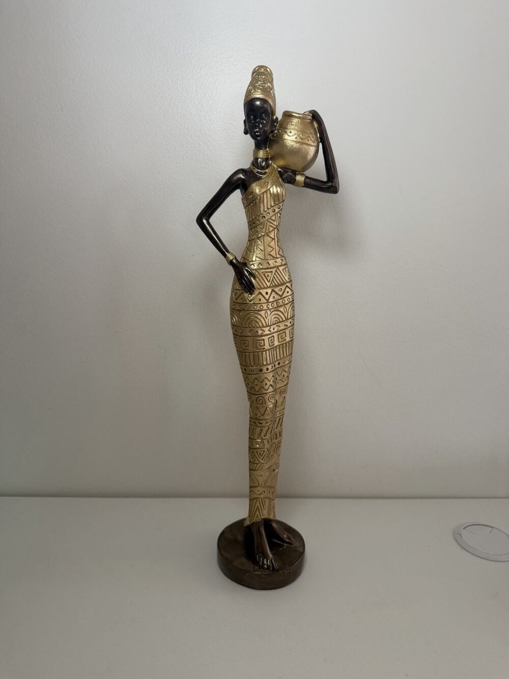 African Maiden Women Figurine Traditional Elegant Tribal Lady Statue Decor Gold